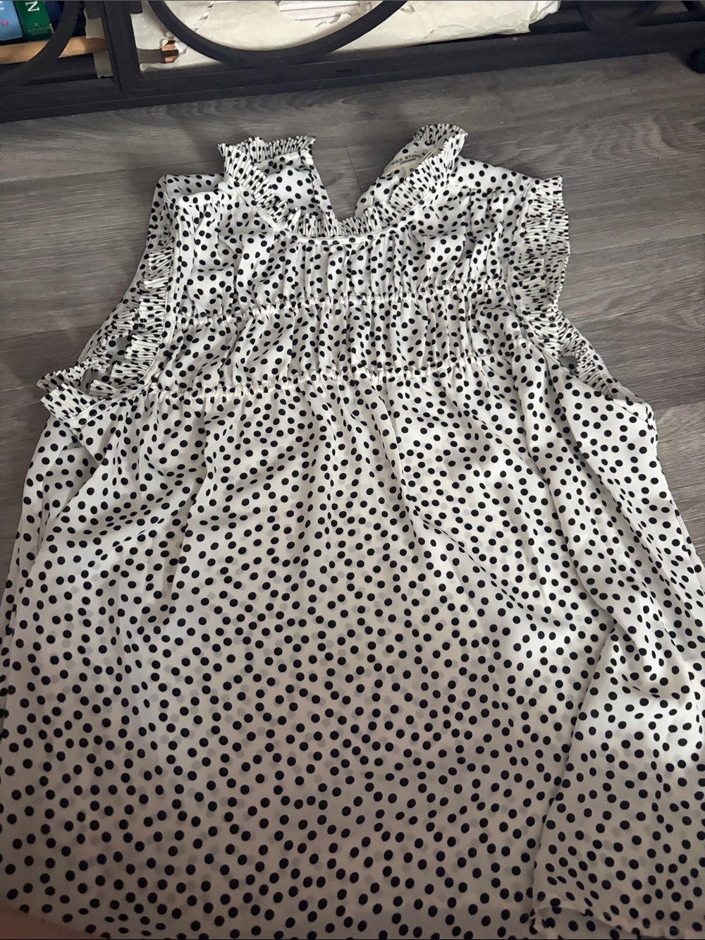 Max Studio Black Polka Dot White Sleeveless Smocked Neck Blouse